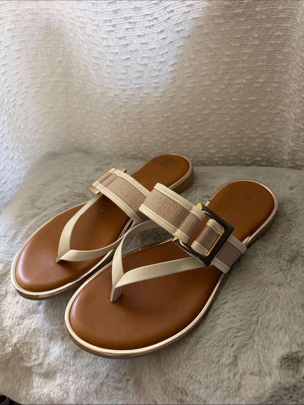 Women’s Beige and Brown Buckle Thong Sandals